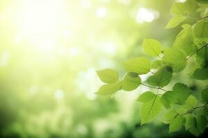 AI generated Branch with green leaves in sunlight, bokeh effect. Summer background. Ai generated photo