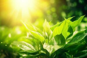 AI generated Branch with green leaves in sunlight, bokeh effect. Summer background. Ai generated photo