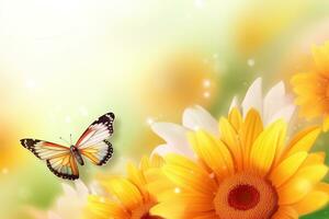 AI generated Closeup flower and butterfly. Summer nature background. Ai generated photo