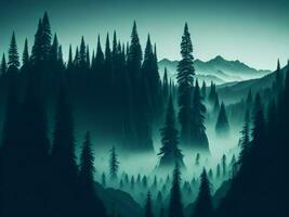 AI generated Misty landscape with fir forest in hipster vintage retro style photo