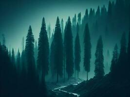 AI generated Misty landscape with fir forest in hipster vintage retro style photo