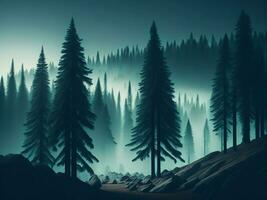 AI generated Misty landscape with fir forest in hipster vintage retro style photo