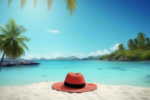 ai generado Paja sombrero en el playa de cerca, verano antecedentes. ai generado foto