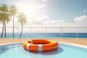 AI generated Lifebuoy in the pool with beach landscape. Vacation background. Ai generated photo