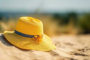 ai generado Paja sombrero en el playa de cerca, verano antecedentes. ai generado foto