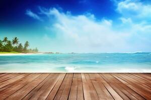 AI generated Top of wood table with seascape. Vacation background. Ai generated photo