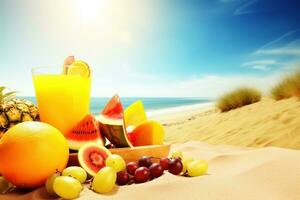 AI generated Summer tropical beach background with fresh juice cocktail and fruits. Ai generated photo