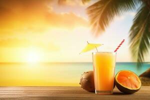 AI generated Tropical fruits and glass with juice on the beach. Summer background. Ai generated photo