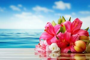 AI generated Tropical flowers and the beach landscape. Summer background. Ai generated photo