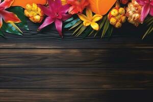 AI generated Tropical flowers with space on wood summer background. Ai generated photo