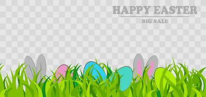 Easter eggs on grass with bunny rabbit ears set. Spring holidays in April. Sunday seasonal celebration with egg hunt vector