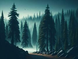 AI generated Misty landscape with fir forest in hipster vintage retro style photo
