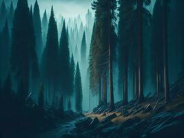 AI generated Misty landscape with fir forest in hipster vintage retro style photo