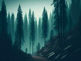 AI generated Misty landscape with fir forest in hipster vintage retro style photo