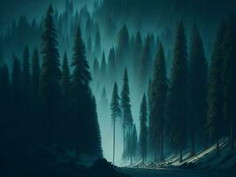 AI generated Misty landscape with fir forest in hipster vintage retro style photo