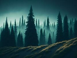 AI generated Misty landscape with fir forest in hipster vintage retro style photo