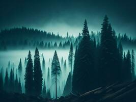 AI generated Misty landscape with fir forest in hipster vintage retro style photo