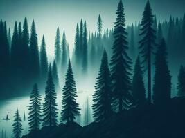 AI generated Misty landscape with fir forest in hipster vintage retro style photo