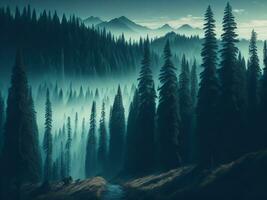 AI generated Misty landscape with fir forest in hipster vintage retro style photo