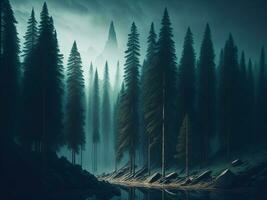 AI generated Misty landscape with fir forest in hipster vintage retro style photo