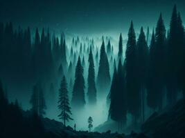 AI generated Misty landscape with fir forest in hipster vintage retro style photo