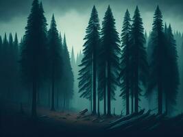 AI generated Misty landscape with fir forest in hipster vintage retro style photo