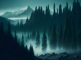 AI generated Misty landscape with fir forest in hipster vintage retro style photo