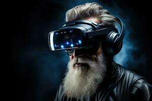 AI Generated A old man wearing VR headset user, surreal world and virtual reality, colorful flowers fields. Generative AI photo
