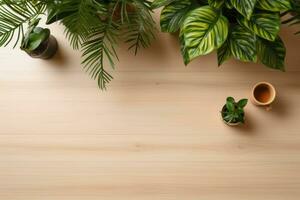 AI Generated Top view Office desk with office tools, computer laptop on wood table background with copy space. Generative AI photo