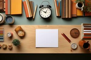 AI Generated Top view Office desk with office tools, computer laptop on wood table background with copy space. Generative AI photo