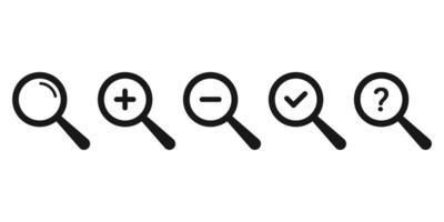 Magnifying glass icons with plus, minus, check mark, and question mark. Search web symbols. vector