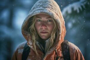 ai generado rubia mujer nieve senderismo. generar ai foto