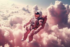 AI generated Astronaut floating pink clouds fiction. Generate Ai photo