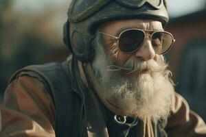 AI generated Elderly man goggles riding. Generate Ai photo