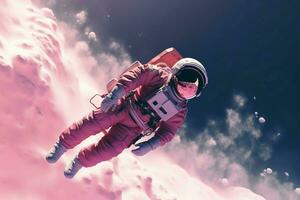 ai generado astronauta flotante rosado nubes galáctico. generar ai foto