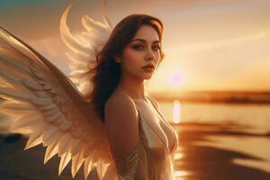 AI generated Beautiful female angel beach sunset. Generate Ai photo