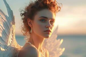 AI generated Beautiful female angel beach sunset portrait. Generate Ai photo