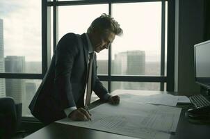 AI generated Ceo sitting table and thinking new plan. Generate Ai photo