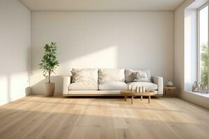 AI Generated Empty room and wall and wooden floor with interesting with glare from the window. Interior background for the presentation. Generative AI photo