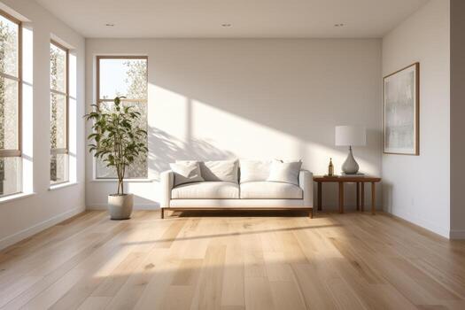 AI Generated Empty room and wall and wooden floor with interesting with glare from the window. Interior background for the presentation. Generative AI photo