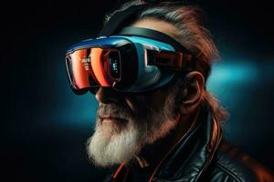 AI Generated A old man wearing VR headset user, surreal world and virtual reality, colorful flowers fields. Generative AI photo