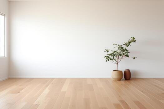 AI Generated Empty room and wall and wooden floor with interesting with glare from the window. Interior background for the presentation. Generative AI photo