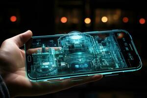 AI Generated close up of smartphone over space, hologram technology. Generative AI photo