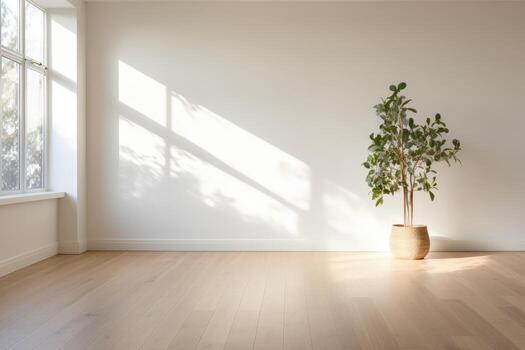 AI Generated Empty room and wall and wooden floor with interesting with glare from the window. Interior background for the presentation. Generative AI photo