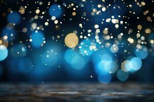 AI Generated Abstract blue bright light glittering bokeh blur background. Generative AI photo