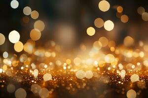 AI Generated Abstract gold bright light glittering bokeh blur background. Generative AI photo