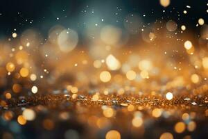 AI Generated Abstract gold bright light glittering bokeh blur background. Generative AI photo