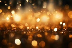 AI Generated Abstract gold bright light glittering bokeh blur background. Generative AI photo