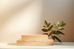 AI Generated Wooden and Nature podium and beautiful lighting. Background for product presentation. Generative AI photo