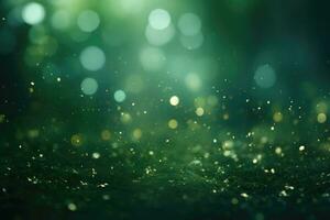 AI Generated Abstract green bright light glittering bokeh blur background. Generative AI photo